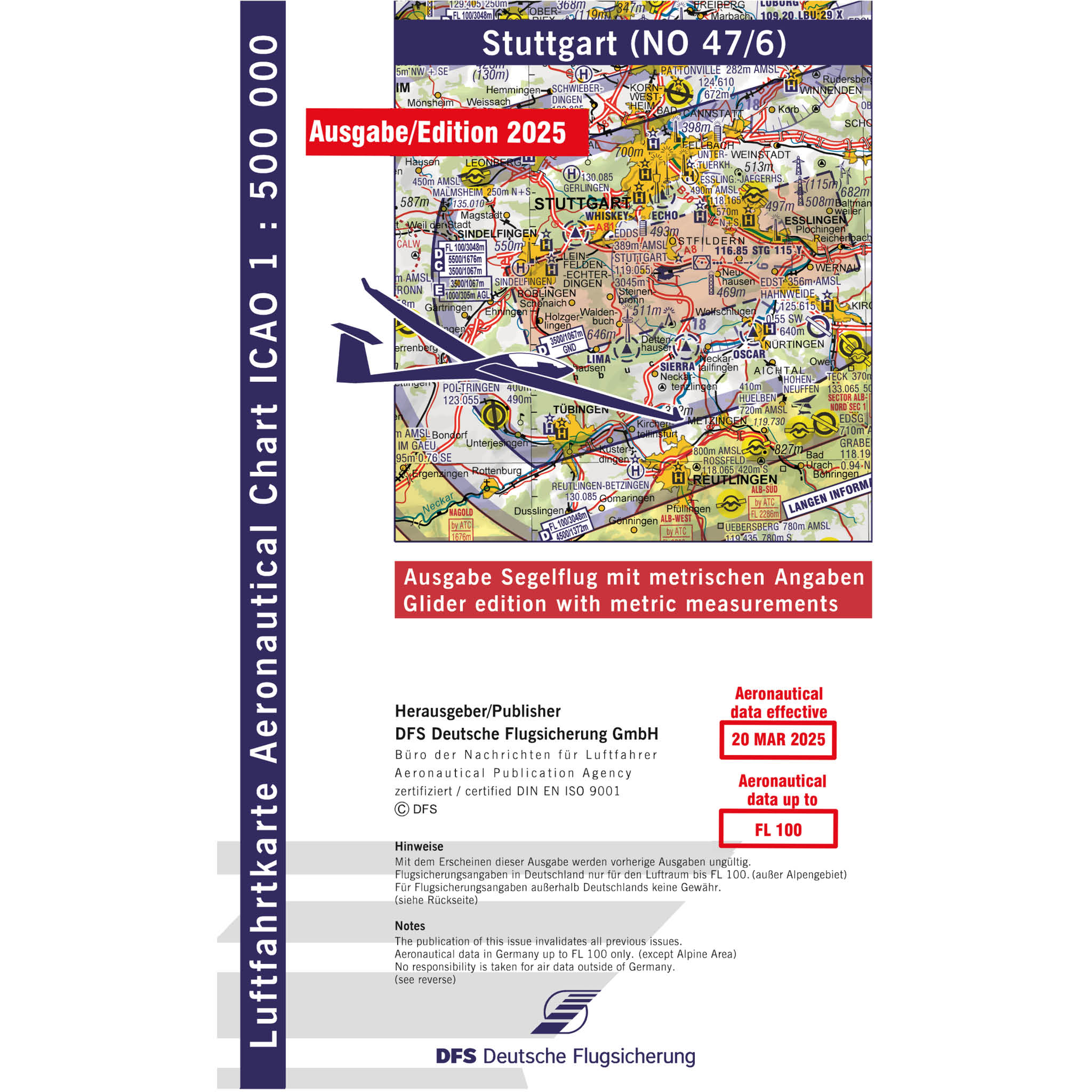 ICAO Segelflugkarte Deutschland ohne Folie, Stuttgart, 2025, gefaltet